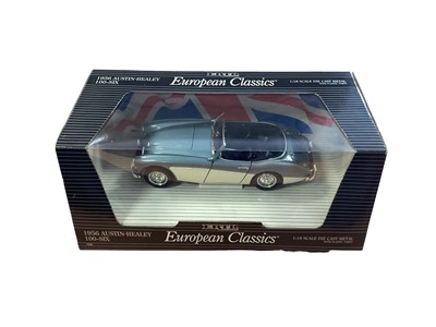 Lot 1880 - Maisto Special Edition 1:18 scale diecast vehicles including Volkswagen New Beetle & Jaguar MkII, plus ERTL European Classics 1956 Austin Healey 100-Six and Maisto 1:24 scale Mini Cooper Cab...