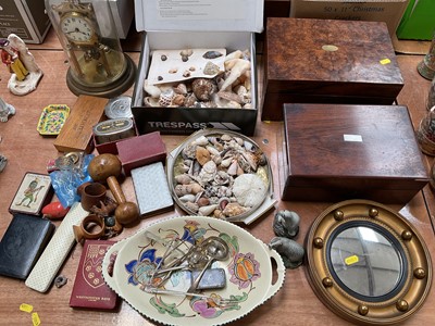 Lot 5030 - Sundry items, including a Victorian walnut writing slope and rosewood box, collection of shells, brass anniversary clock under a glass dome, money boxes, etc