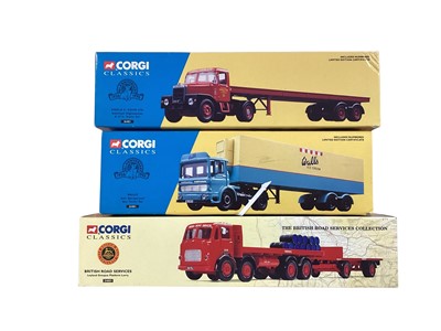 Lot 1881 - Corgi Classics 40th Anniversary 1:50 scale commercial diecast vehicles including Scammell Highwayman Ever Ready tanker set ~ 16303, AEC Refrigerated Wall's box trailer set ~ 21401 & Scammel...