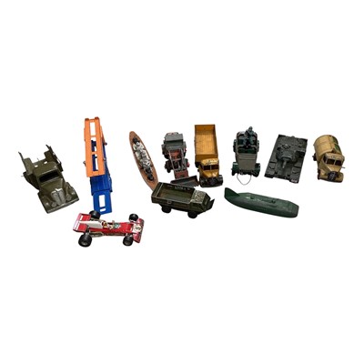 Lot 5145 - Collection of vintage diecast toy vehicles to include Dinky, Matchbox, Tri-ang, and others, together with approximately 80 plastic toy soldiers, etc (2 boxes)