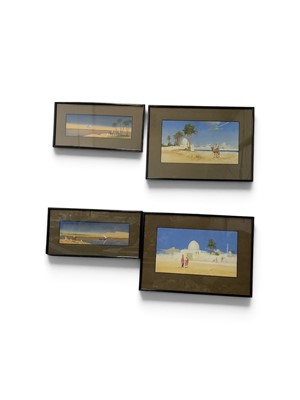Lot 5144 - Hassan El Yashmid - set of four 1920s gouache in glazed ebonised frames - Egyptian and Arabian landscapes with figures, camels and buildings