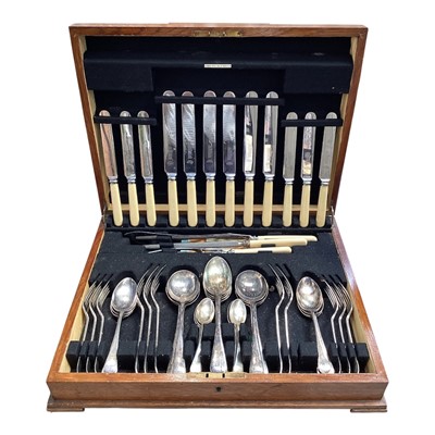 Lot 5064 - 1930s canteen of silver plated cutlery in fitted oak case, wedding present in 1935.