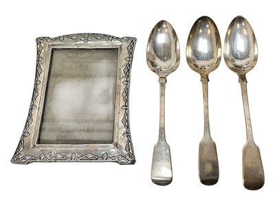 Lot 5195 - Three Victorian and Georgian silver fiddle pattern tablespoons, and a silver photo frame