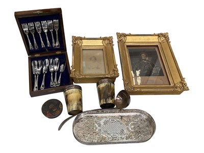 Lot 5063 - Sundry items, including a pair of gilt framed prints of Lady Georgina and the Hon. George Agar Ellis, together with a pair of horn beakers with silver plated mounts, other silver plate, and a pa...