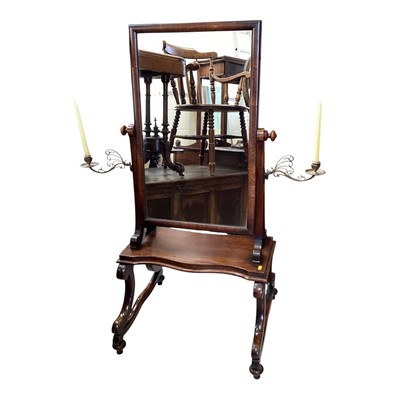 Lot 5324 - Early Victorian mahogany cheval mirror with brass candle sconces, plateau base on scroll supports