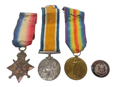 Lot 711 - First World War 1914 - 15 Star trio comprising 1914 - 15 Star, War and Victory medals named to R4-066886 PTE. E. Sexton. A.S.C. Together with a silver Scottish Rifles Sweetheart brooch, (4).