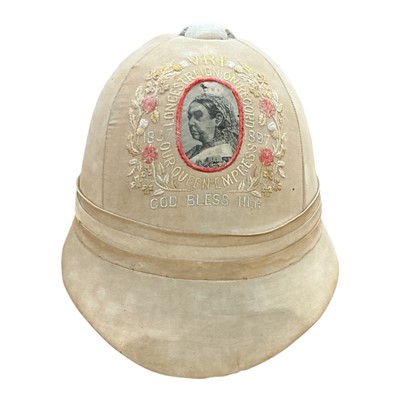 Lot 713 - Rare late Victorian pith helmet by Thomas Townend & Co London, with silk embroidered decoration for Queen Victoria's Diamond Jubilee.