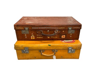 Lot 2590 - Two vintage leather suitcases, one with part luggage labels Union Castle, Orient & Pacific Line.