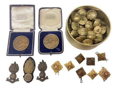 Lot 714 - Group of military badges, buttons and pips, together with two bronze shooting medallions.