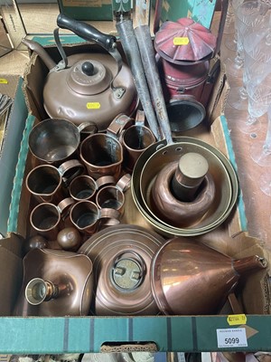 Lot 5099 - Collection of antique metal wares to include an antique copper jelly mould, set of copper measures, Victorian brass saucepans, miners lamp etc