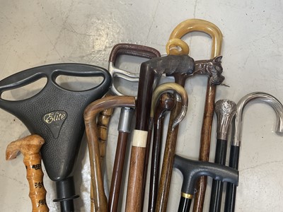 Lot 5101 - Collection of antique and later walking sticks to include silver amounted horn handled stick, shooting stick etc