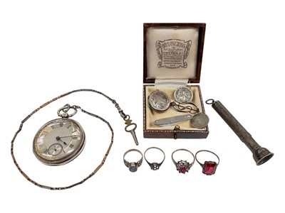 Lot 101 - Silver cased pocket watch with a yellow and white metal fob chain, together with three 9ct gold and silver gem sets rings, other silver jewellery and a 1970s silver cigar piercer