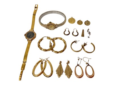 Lot 104 - Group of 9ct gold earrings and pendants, two 9ct gold cased wristwatches on plated bracelets and an 18ct gold St. Christopher pendant