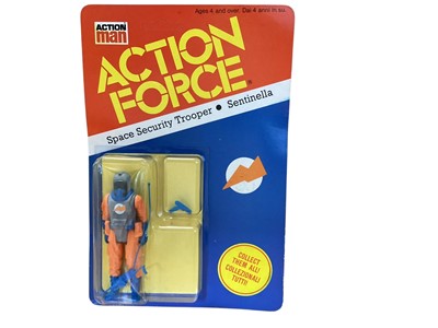 Lot 1918 - Palitoy Action Man Action Force (Dual Logo) 3 3/4" Space Security Trooper action figure with weapons, on unpunched card and clear dual cell blister pack (dented) (1)