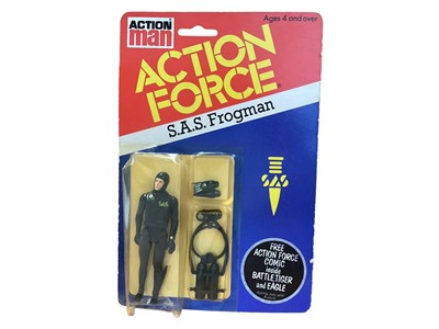 Lot 1919 - Palitoy Action Man Action Force 3 3/4" S.A.S. Frogman action figure with tank & flippers, on punched card and clear triple cell blister pack (part lifted & dented) (1)