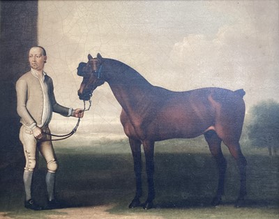 Lot 5141 - After James Seymour (1702-1752) colour print laid onto panel in gilt frame 'Regulus, a dark bay racehorse with a groom'