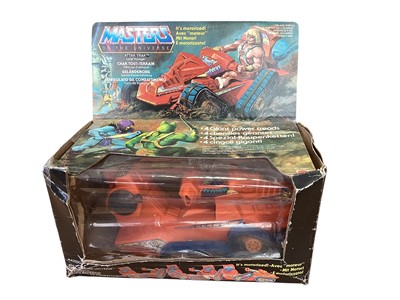 Lot 1923 - Mattel (c1982) Masters of the Universe Attak Trak land voyager featuring four giant power treads, boxed (taped closed, crumpled & window seal detached) No. 5740(1)