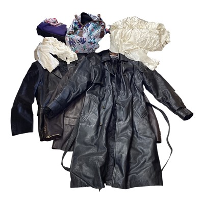 Lot 5100 - Group of clothing and textiles to include three leather jackets, silk, bags etc