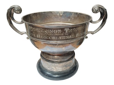 Lot 130 - Large Irish silver two handled trophy with presentation engraving for the Hunts Agricultural Society (Dublin 1911), on an ebonised base with silver collar