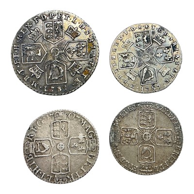 Lot 477 - G.B. - Mixed silver coins to include George III Shilling 1787 VF, Six Pences Anne 1707 (N.B. Pitted) otherwise VG-AF, George II 1757 GVF-AEF & George III 1787 AVF (4 coins)