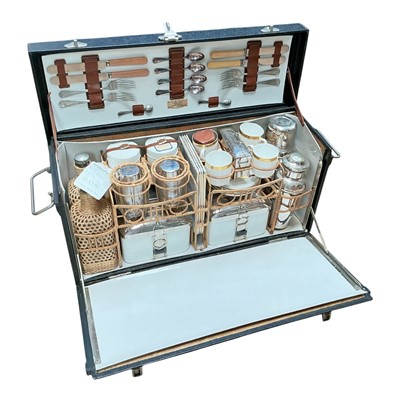 Lot 8 - Good quality 1930's comprehensive four person picnic set in original fitted case, with makers / retailers plaque to interior- H.W. Hill, Newmarket.