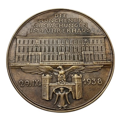 Lot 655 - German - A large bronze medallion commemorating The Munich Agreement 29.1X.1938, Obv: Conjoined portraits of Adolf Hilter, Benito Mvssolini, Neville Chamberlain & Edward Daladier - facing ri...