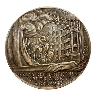 Lot 656 - Germany - A large bronze commemorative medallion - In Remembrance of The Destruction of The Munich State Opera House by The Allies 3.Oct.1943, Obv: Depicts The Opera House on Fire by K. Goetz (D...