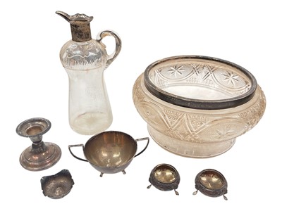 Lot 929 - Silver two handled bowl, pair of silver salts, one other silver salt, silver candlestick with weighted base, silver mounted glass claret jug and silver mounted cut glass bowl