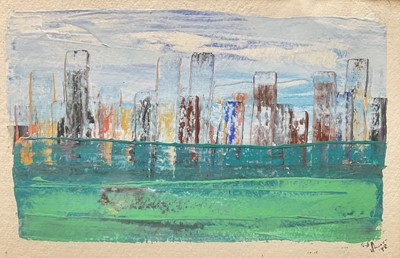 Lot 19 - Jeremy Mason, contemporary, oil on paper - 'From the roof of the Metropolitan, New York', signed and dated '98, in glazed frame