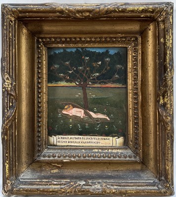 Lot 120 - French School, early 20th century, ink and watercolour - Cupid beneath a tree, inscribed french title, in deep gilt frame