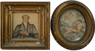 Lot 119 - Victorian English School watercolour portrait of a seated gentleman, in gilt frame, together with an 18th century Bartolozzi coloured engraving, in oval gilt frame (2)