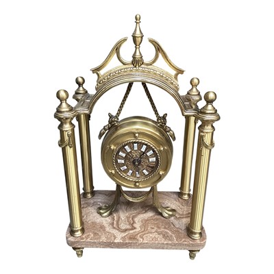 Lot 5160 - French style brass mantel clock with quartz movement in brass case on marble plinth