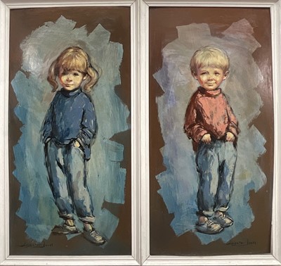 Lot 97 - Barry Leighton-Jones (1932-2011) pair of oils on board, Young Boy and Young Girl, 90cm x 45cm, framed (2)