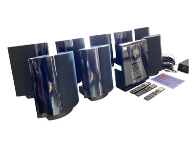 Lot 2729 - Bang & Olufsen CD and cassette player, pair floor standing speakers, eight speakers with stands, three remote controls, two Beolink Active, various cables and connectors