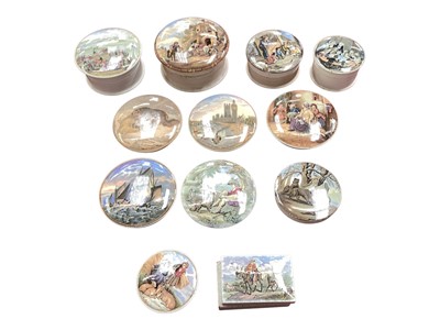 Lot 2240 - Collection of 19th century Prattware pot lids to include 'The Snow Drift', 'Thames Embankment' 'Rifle Contest Wimbledon 1868', 'Hide and Seek', 'Snap Dragon' etc