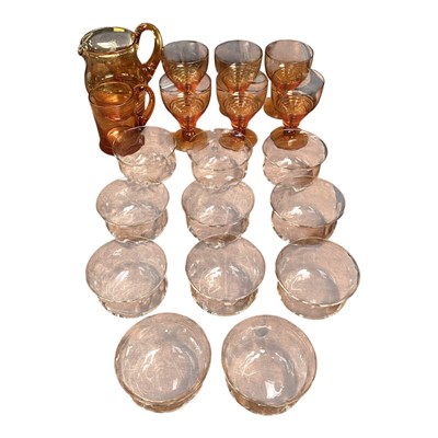 Lot 5084 - Early to mid 20th century Stuart Crystal amber jug, mug and six glasses together with a set of eleven finger bowls