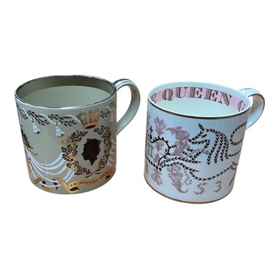 Lot 5078 - Two Wedgewood Commemorative mugs both designed by Richard Guyatt one to commemorate the twenty fifth wedding anniversary of Queen Elizabeth II 1947 and the other to commemorate the Coronation of...