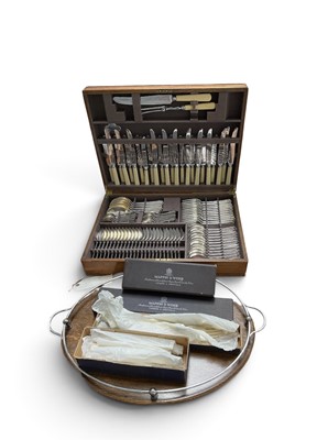 Lot 5038 - Canteen of Mappin & Webb silver plated cutlery in fitted oak case, Edwardian oak oval drinks tray with plated gallery and a set of Mappin & Webb fish knives and forks
