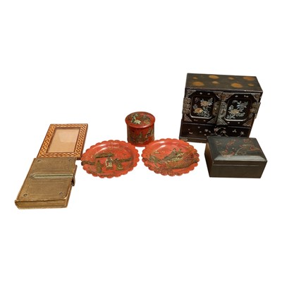 Lot 5039 - Pair of antique Oriental red lacquer plates, a red lecquer box, set of graduated lacquer boxes, lacquered miniature cabinet and others