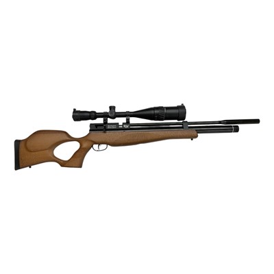 Lot 849 - Remington 'Airacobra' 0.22 PCP air rifle with bolt action, filler probe and a 12 shot rotary magazine. Cpmplete with Milboro 2020 5-20x zoom telescopic sight