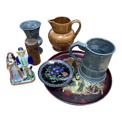 Lot 5065 - Staffordshire figures together with a pewter jug, stoneware jug and others