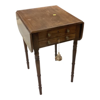 Lot 1379 - Regency mahogany work table, with two drawers and drop leaves