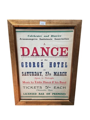 Lot 1137 - Original 1950s local poster 'Colchester and District Ironmongers Dance, George Hotel' in glazed frame