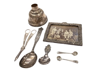 Lot 1057 - Silver photograph frame, pair of Victorian silver salt spoons and some plated items