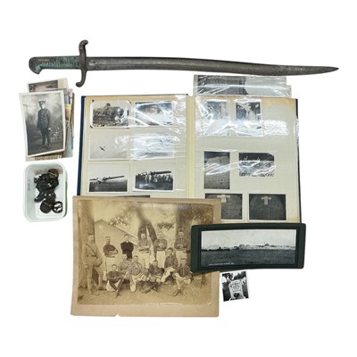 Lot 783 - French 1866 pattern Chassepot bayonet, together with a group of military related ephemera to include cabinet cards and a small group of cap badges, (1 box).
