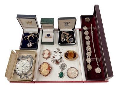 Lot 184 - 9ct gold pink gem set pear shaped pendant on 9ct gold snake chain, silver mounted coin jewellery, cameo brooches, other costume jewellery and Le Cheminant plated pocket watch on chain
