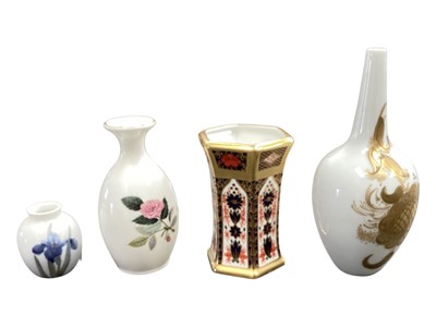 Lot 2234 - Royal Crown Derby Old Imari vase, pattern no. 1128, together with a Rosenthal vase, a Royal Copenhagen miniature vase and a Wedgwood Hathaway Rose vase (4)