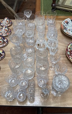 Lot 5080 - Set of six antique slice cut crystal whisky tumblers together with cut crystal spirit tumblers large and small, and brandy glasses