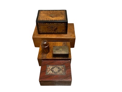 Lot 5047 - 19th century French Boulle work box, two Victorian parquetry inlaid work boxes, two others and a 19th century apothecary bottle on a sycamore treen canister (6)