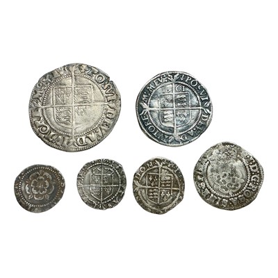 Lot 484 - G.B. - Mixed silver hammered coins of Tudor Period to include James I Half Groat & Penny (N.B. Light clipping noted) otherwise AF-AVF, Elizabeth I Three Farthing m/m Ermine 1573 GF-GVF, Penn...